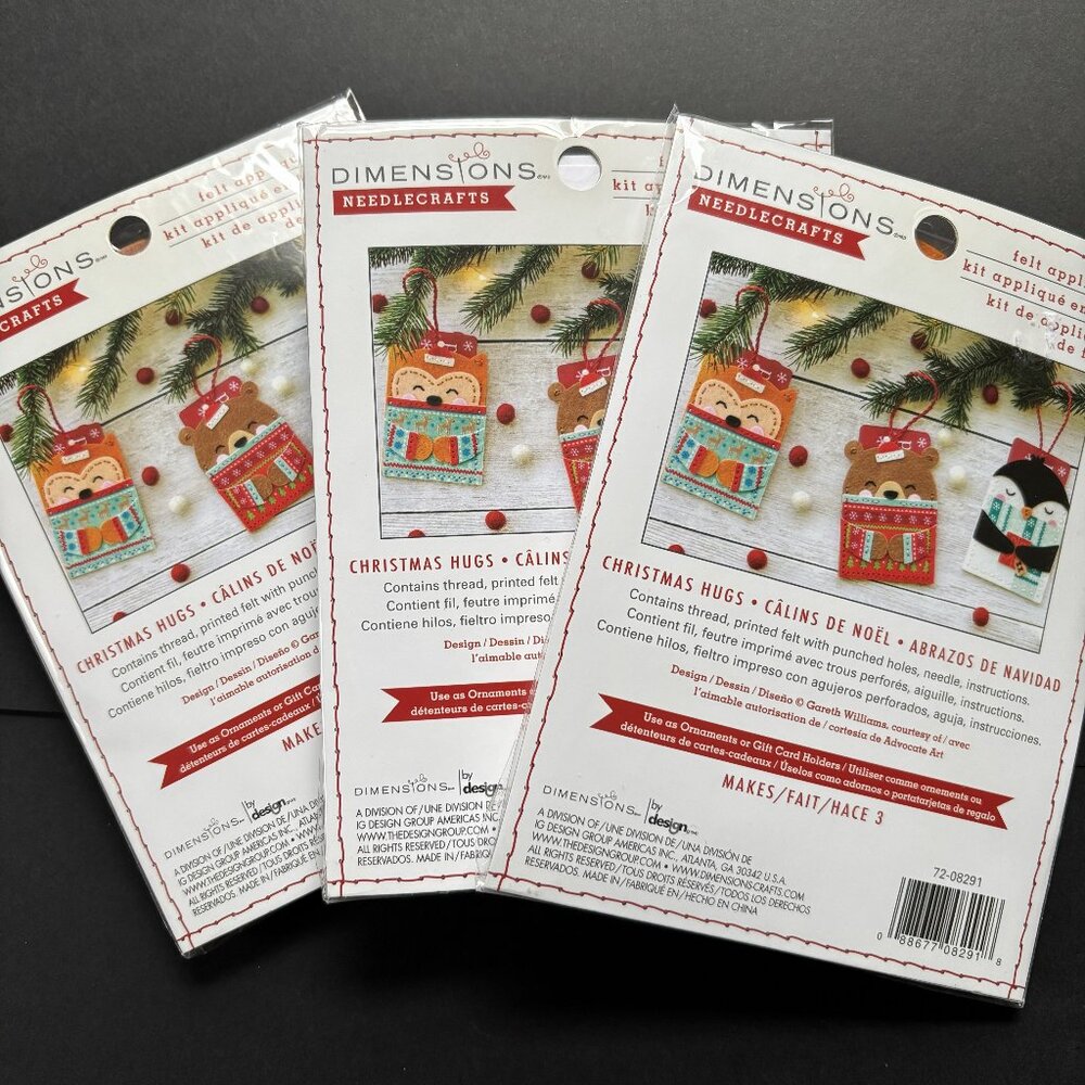 Set of 3 Christmas Hugs Felt Embroidery Ornament Kits - Fox, Bear, Penguin